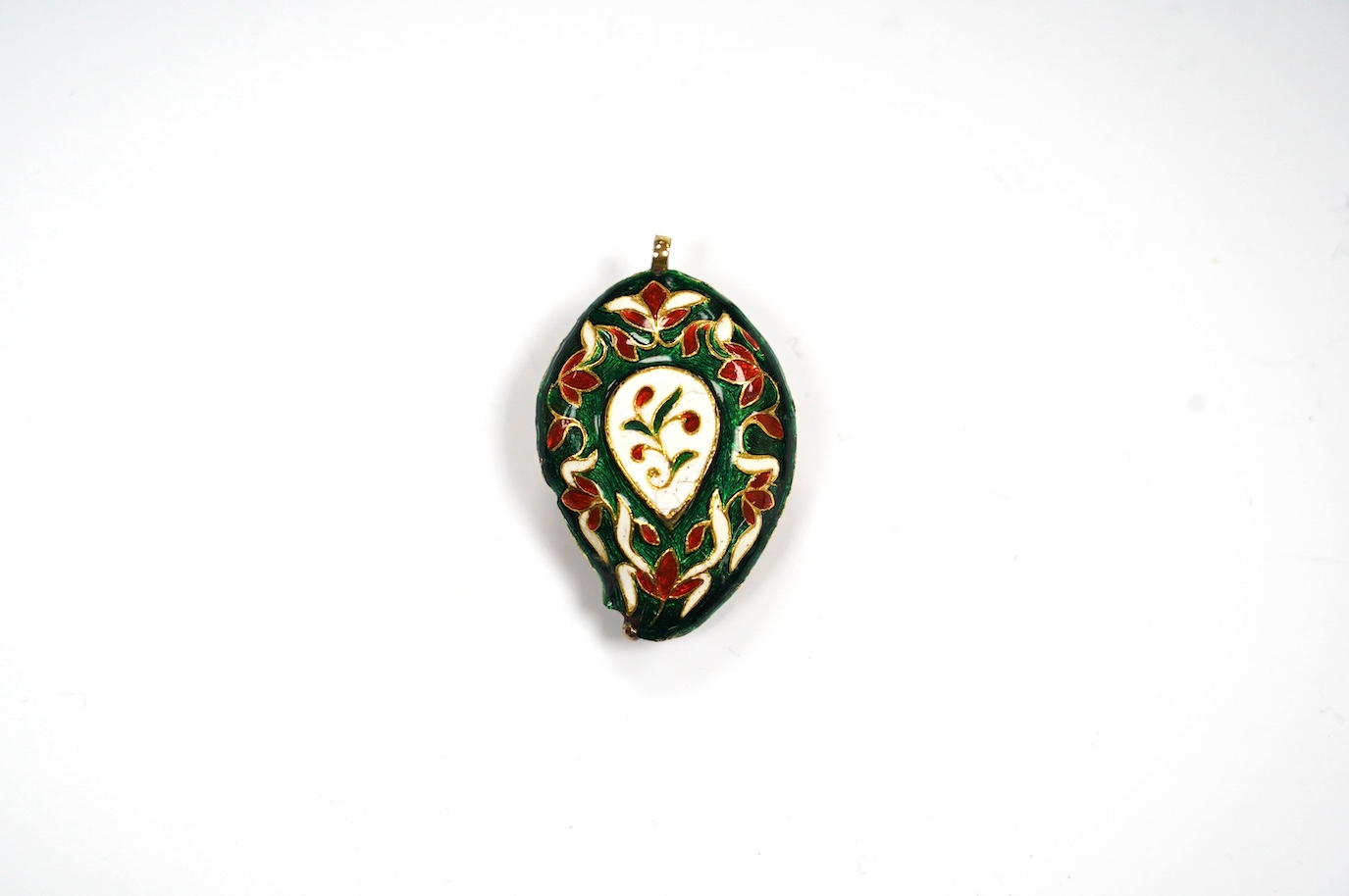 An Indian enamel and flat cut diamond set pear shaped pendant, 40mm. Condition - poor